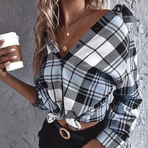 Classic Baby blue Paid Button up Boyfriend Top